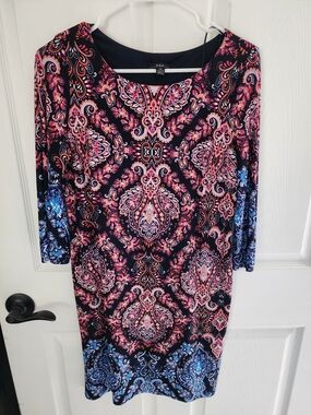 Dress Barn R&K Navy Paisley-Print 3/4 Sleeve Dress in Pink & Blue